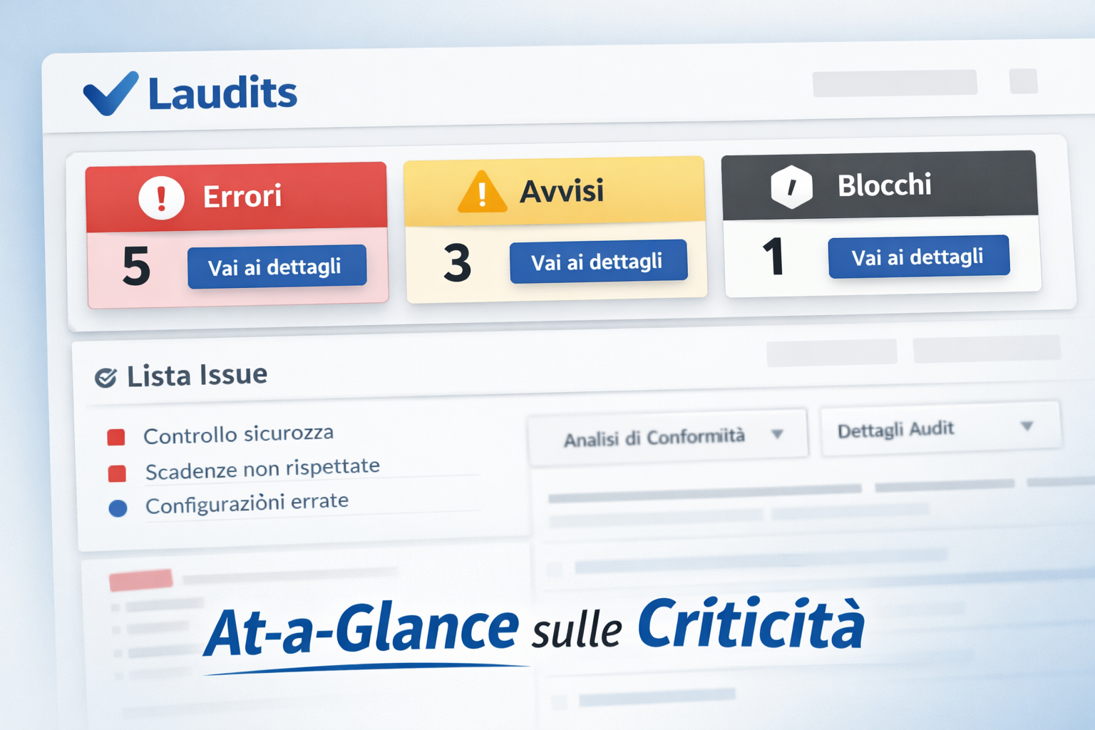 Laudits At-a-Glance header with errors and warnings at the top and a button to go to details.
